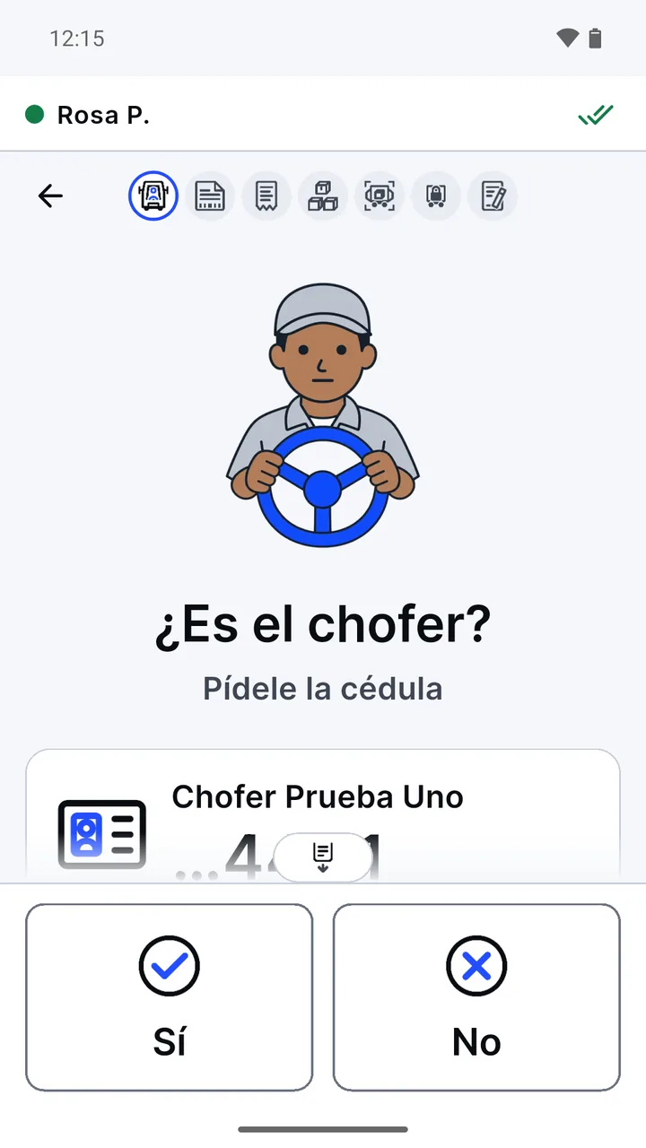 Salida de un camión: «¿Es el chofer?», con el nombre y los últimos dígitos de la cédula que trae Odoo.