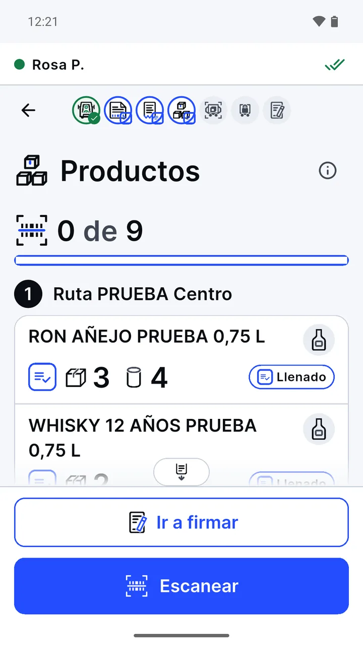 El paso Productos: el contador y los productos de prueba llenados con lo de Odoo.