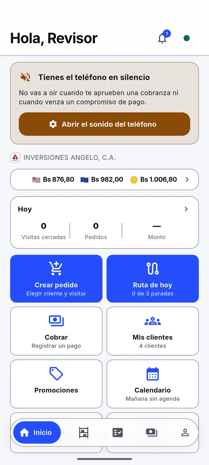 Inicio de Zentrix Sales: resumen del día y accesos a crear pedido, ruta y cobrar.