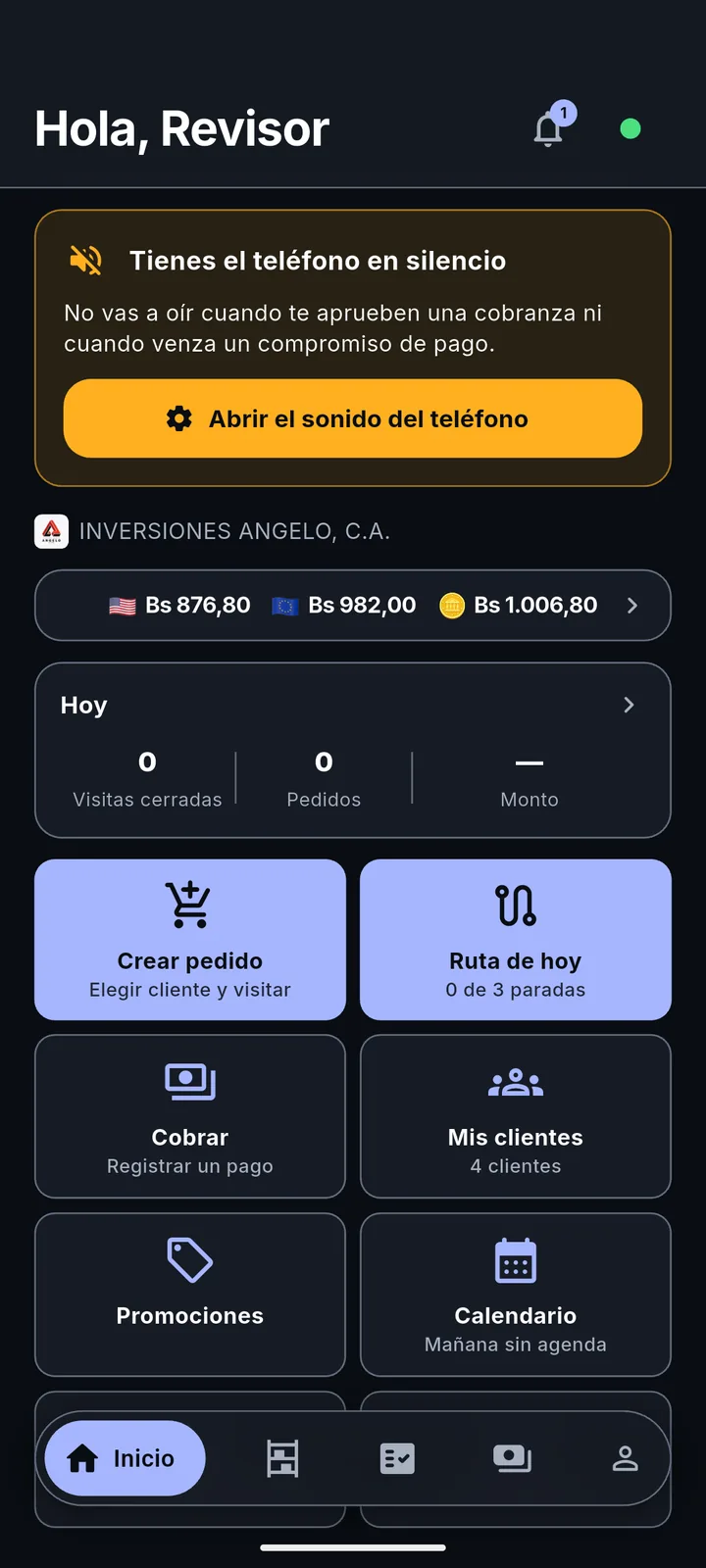 Inicio de Zentrix Sales en modo oscuro.