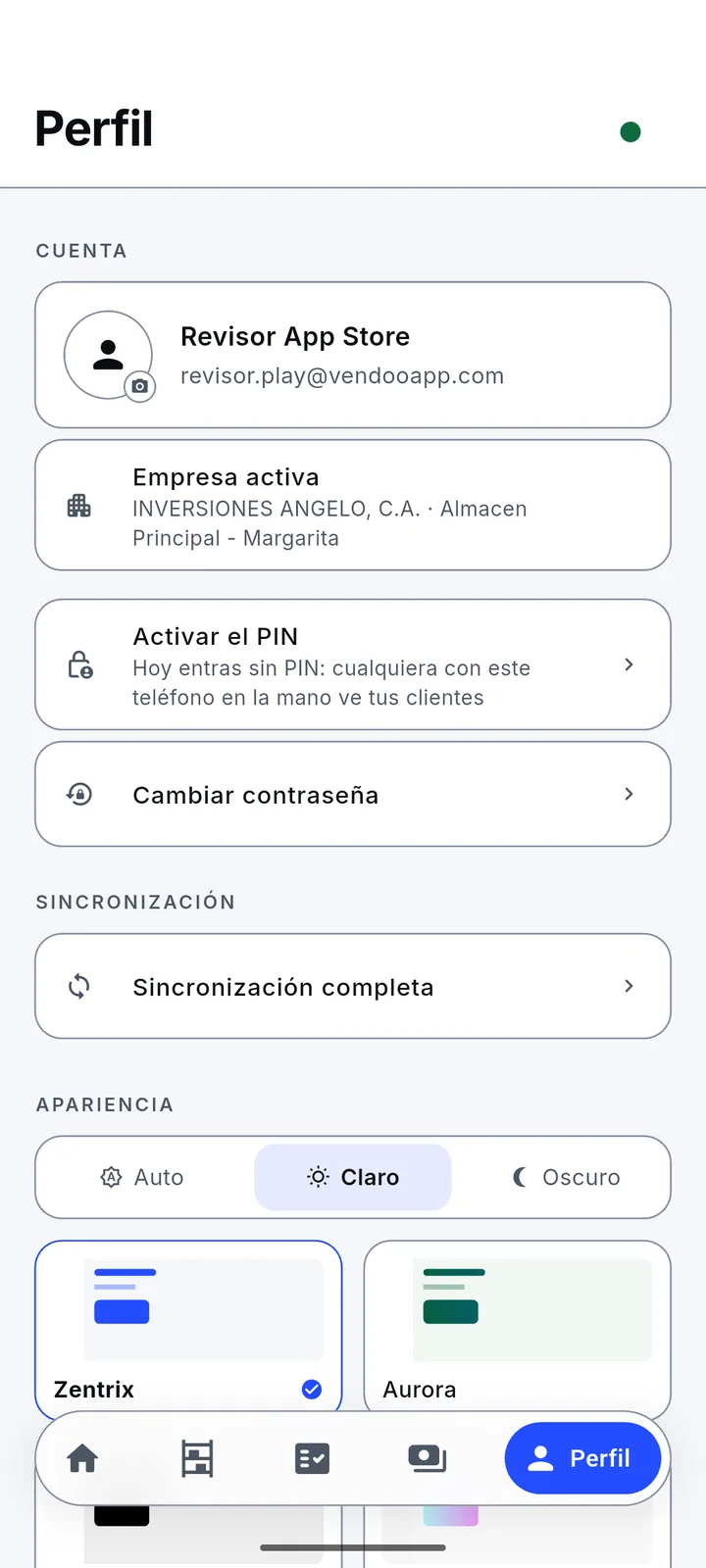 Perfil del vendedor en Zentrix Sales, en modo claro.