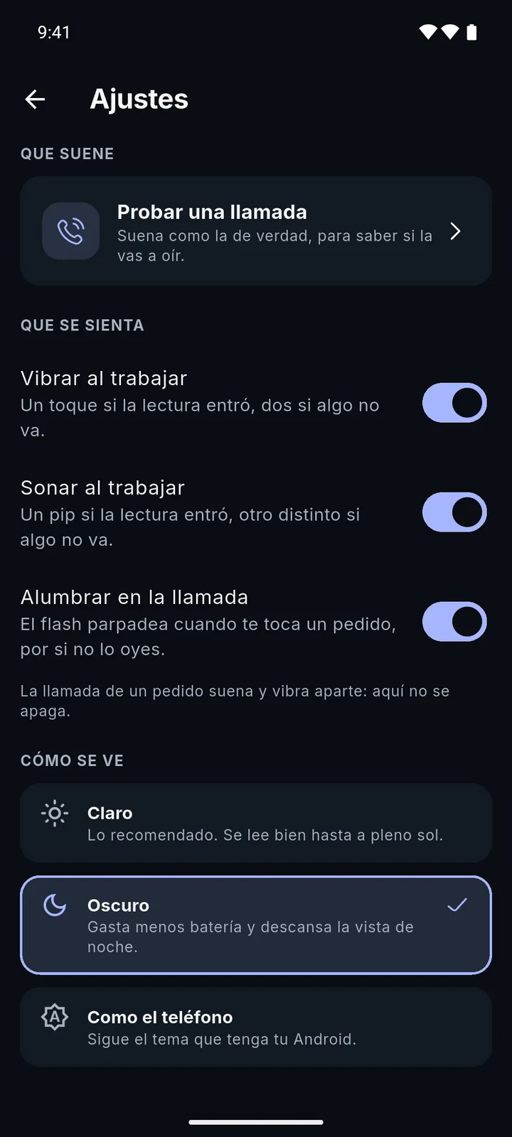 Settings in dark mode: test a call, vibration, sound and theme.