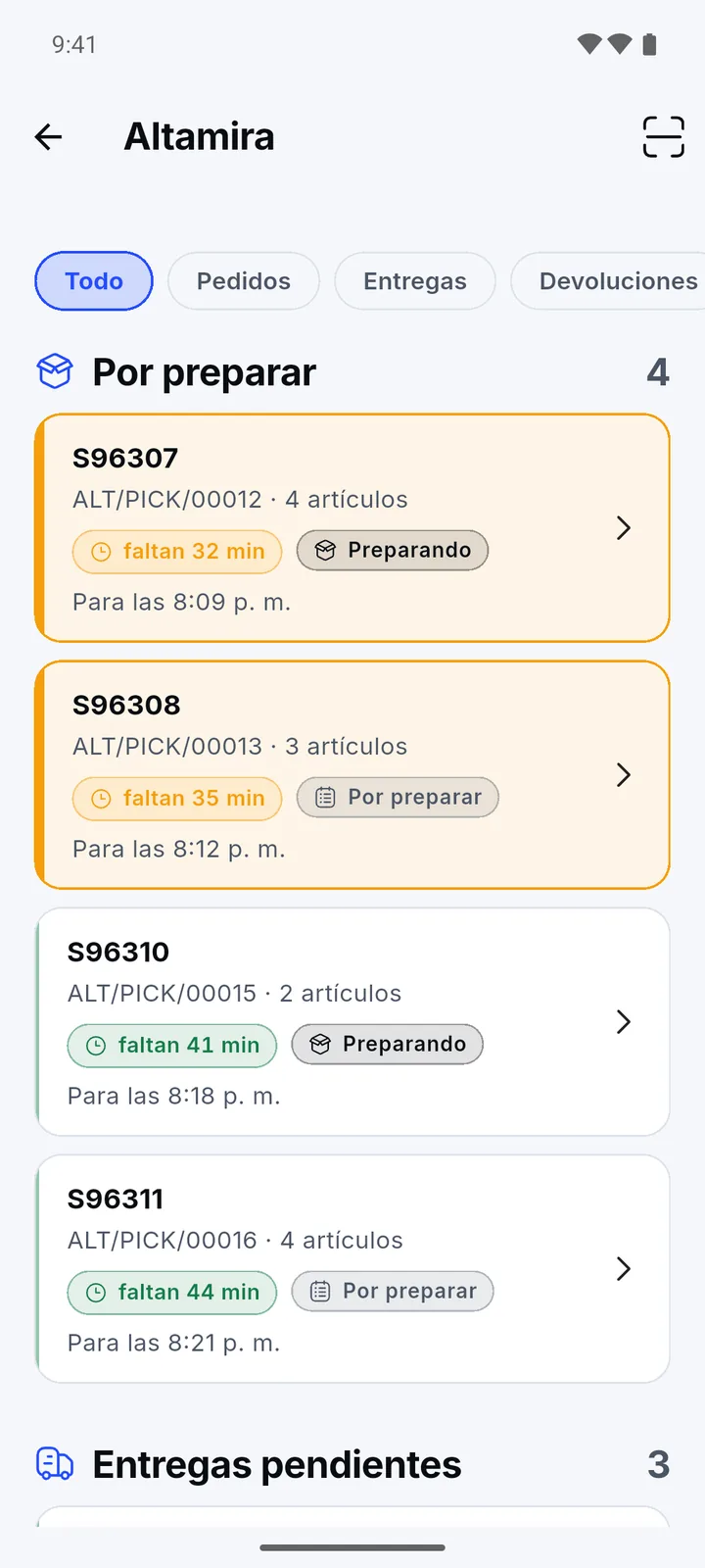 Store queue: orders to prepare, sorted by urgency, with the promised time.