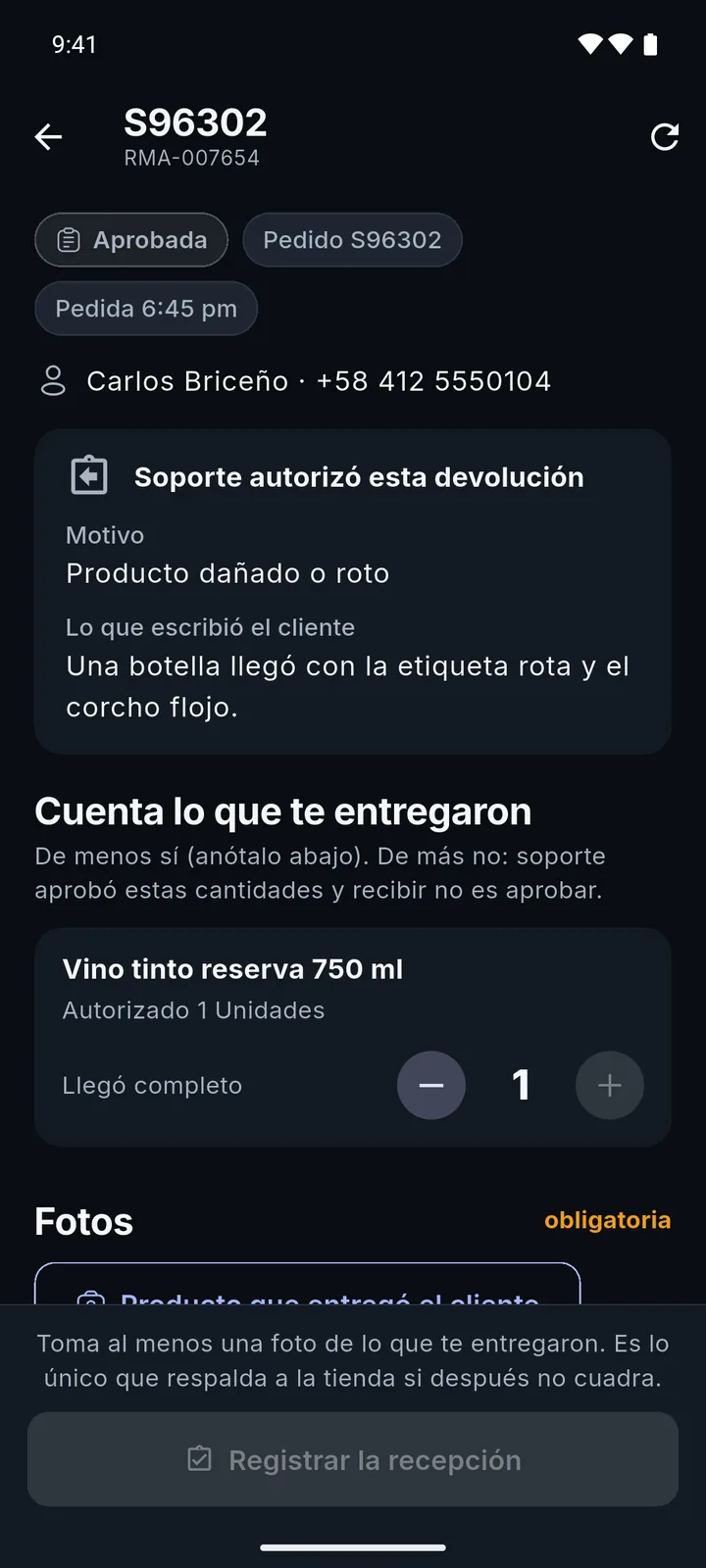 A return approved by support, in dark mode: count what arrived and take photos.