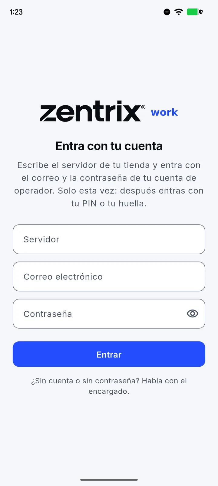 Pantalla de entrada de Zentrix Work.