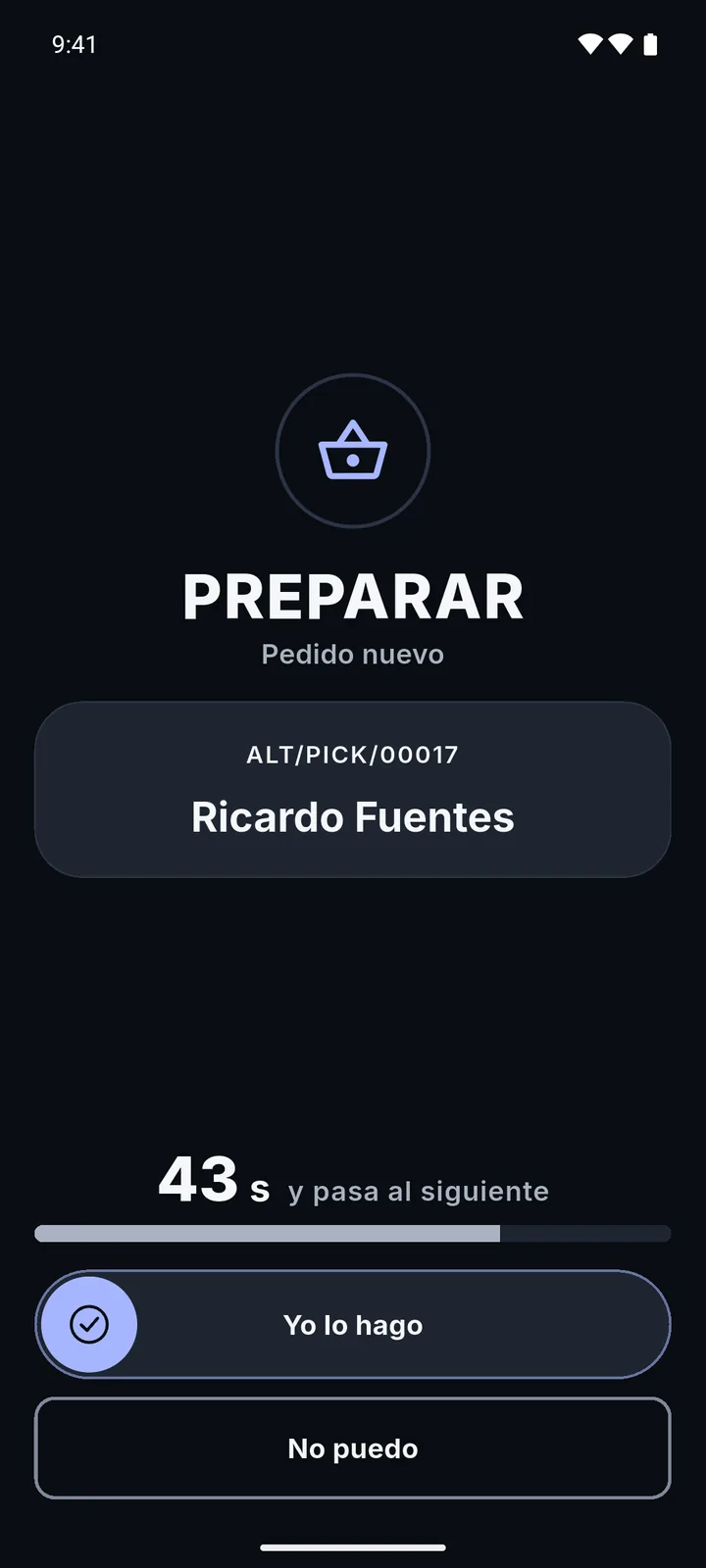 A new order calling, in dark mode: swipe to take it or tap that you cannot.
