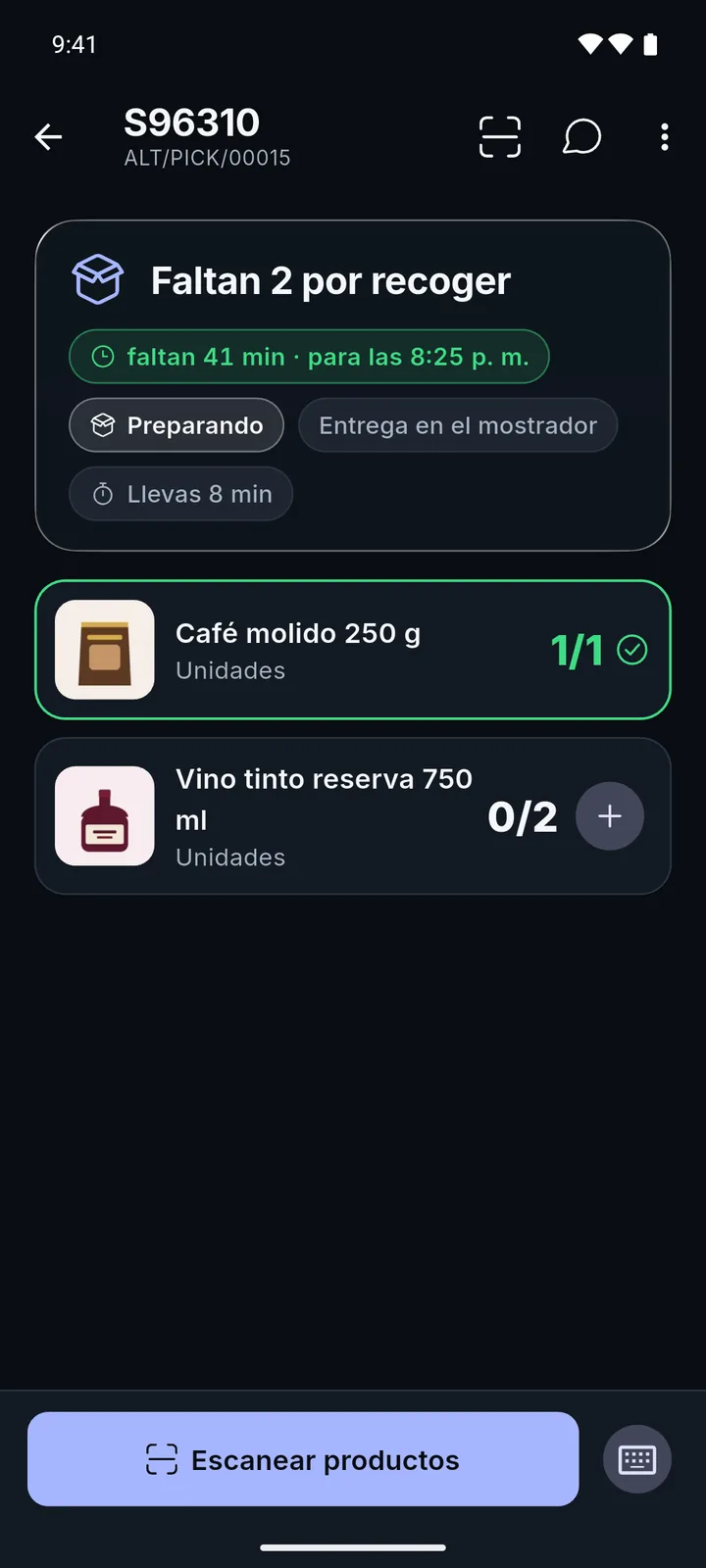 Preparing an order in dark mode: item by item, with what is left to pick.