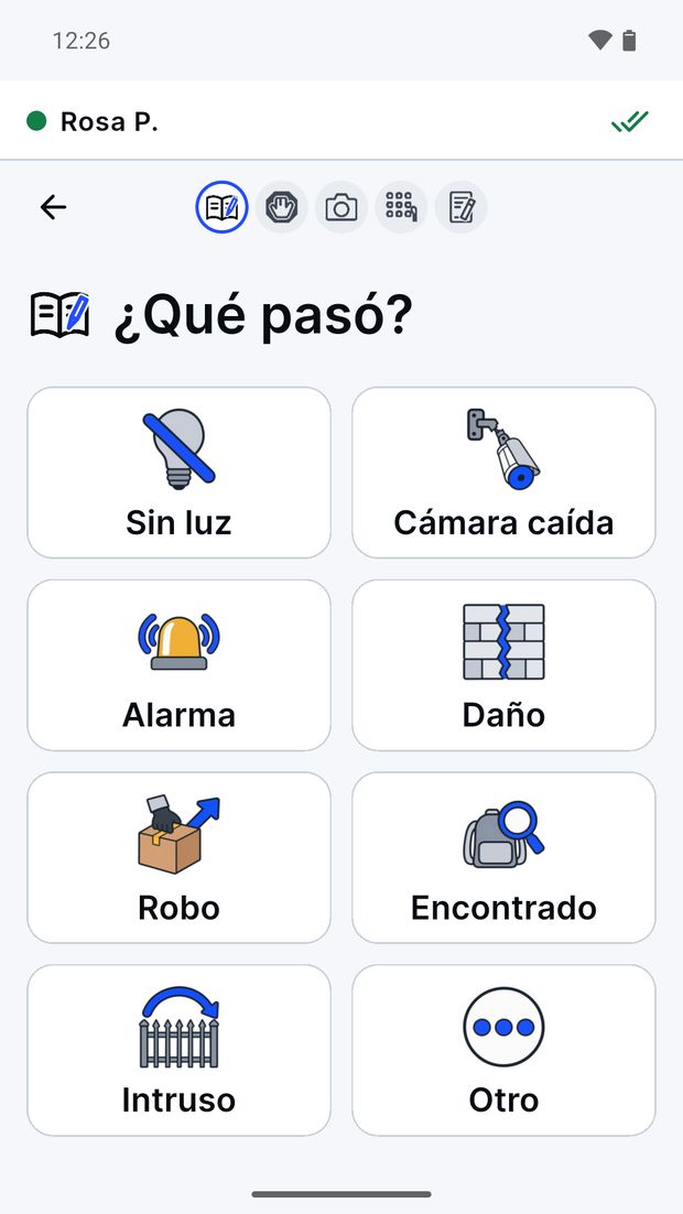¿Qué pasó?: los tipos de novedad en dibujos, como Sin luz, Cámara caída, Alarma, Daño, Robo, Encontrado, Intruso y Otro.