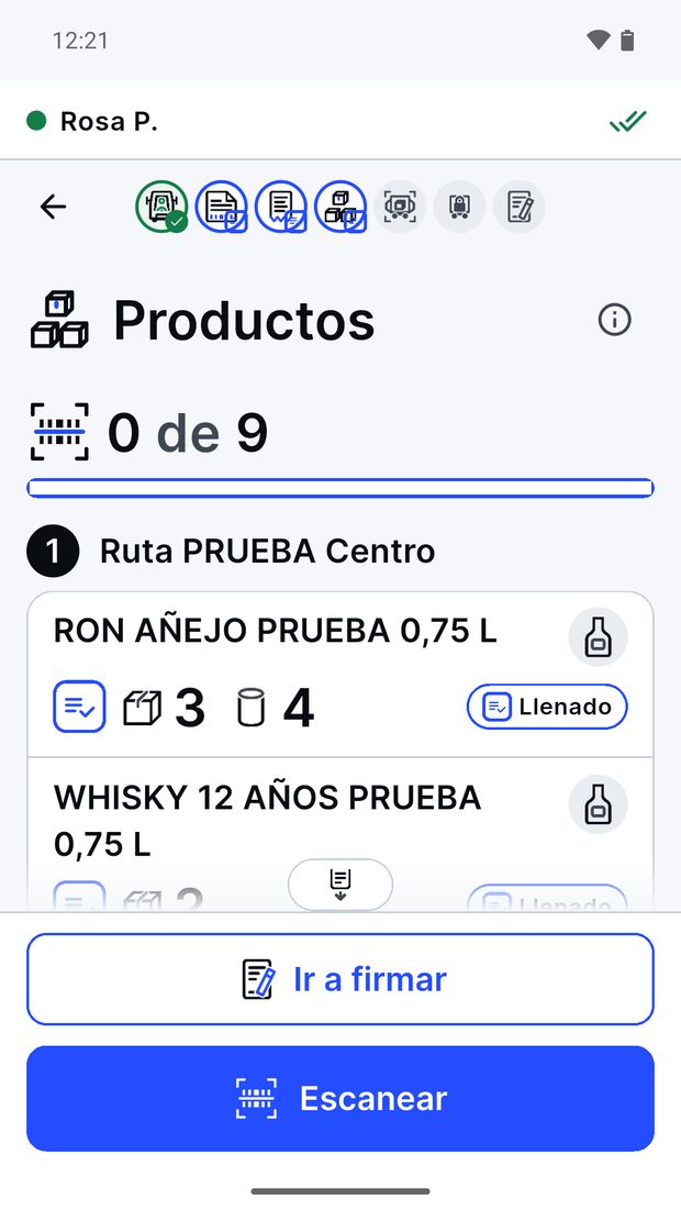 El paso Productos de una salida: el contador de escaneados, productos de prueba marcados «Llenado» y los botones Ir a firmar y Escanear.