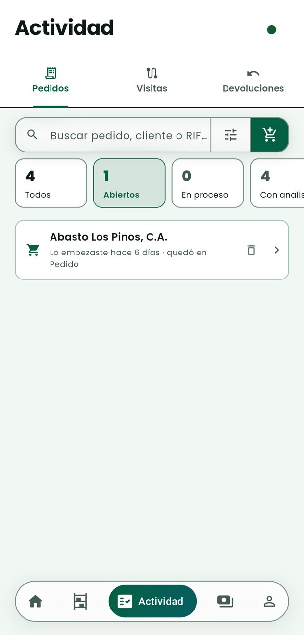 Actividad › Pedidos en Zentrix Sales con el chip «Abiertos» tocado: un pedido a medio armar que dice «Lo empezaste hace 6 días · quedó en Pedido».