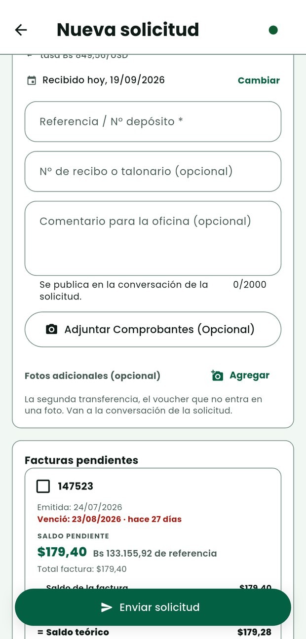 La parte de abajo del formulario de cobranza de Zentrix Sales: los comprobantes, las fotos adicionales y las facturas pendientes del cliente con su saldo.