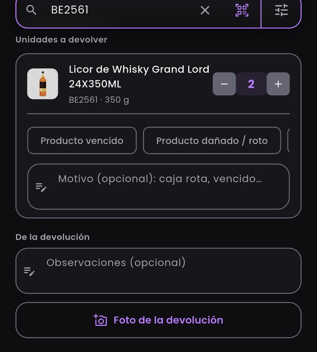 El paso 5 de una visita en Zentrix Sales, Devoluciones: un producto con dos unidades a devolver, los motivos sugeridos «Producto vencido» y «Producto dañado / roto», el campo «Motivo (opcional)», y abajo «De la devolución» con «Observaciones (opcional)» y el botón «Foto de la devolución».