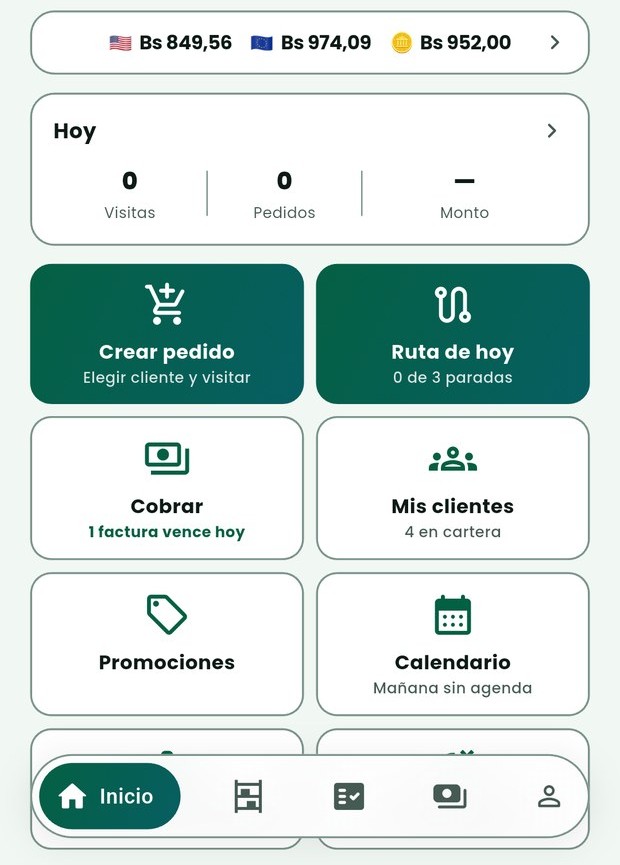 El Inicio de Zentrix Sales: la línea de tasas del día, el bloque «Hoy» con visitas, pedidos y monto, y la cuadrícula de accesos con «Crear pedido», «Ruta de hoy», «Cobrar», «Mis clientes», «Promociones» y «Calendario».