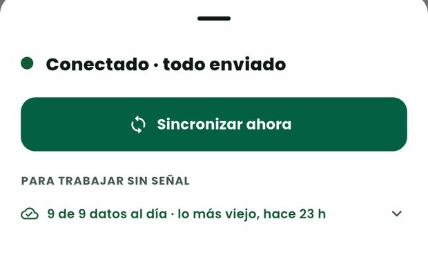 El panel de sincronización de Zentrix Sales: «Conectado · todo enviado», el botón «Sincronizar ahora» y el renglón «9 de 9 datos al día · lo más viejo, hace 23 h».