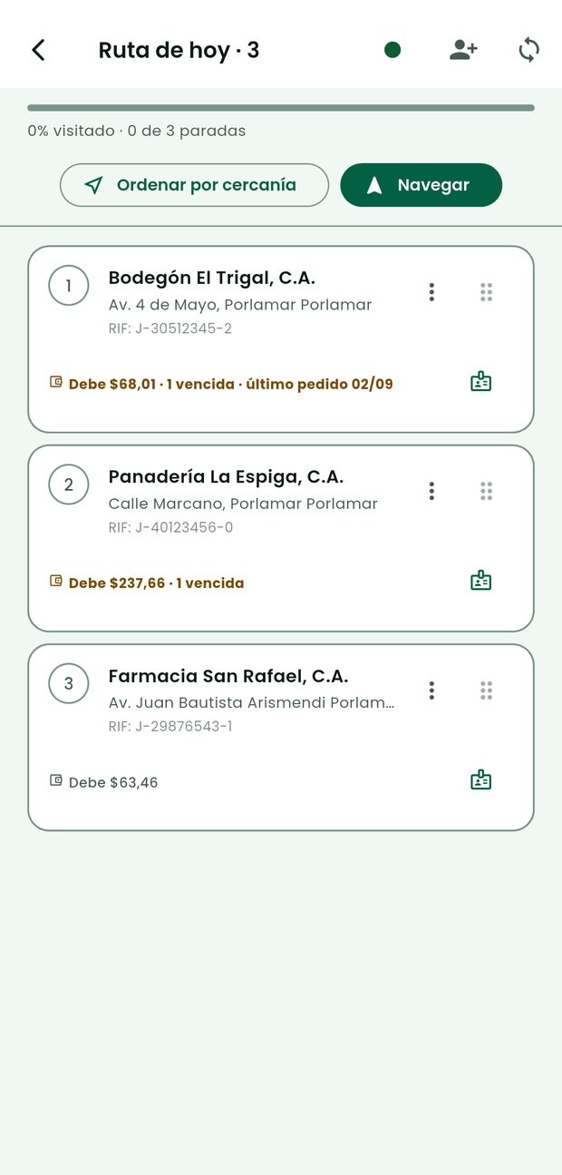 La ruta del día en Zentrix Sales, con tres paradas numeradas; cada una muestra el nombre del negocio, la dirección, el RIF y cuánto debe.