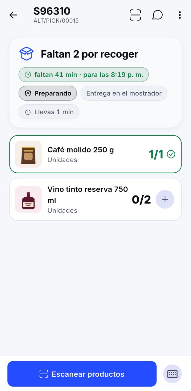 Picking order S96310 in Zentrix Work: «Faltan 2 por recoger» (2 left to pick), the badge «faltan 41 min · para las 8:19 p. m.» (41 min left · by 8:19 p.m.), «Preparando» (Picking), «Entrega en el mostrador» (Counter handover) and «Llevas 1 min» (1 min so far); below, «Café molido 250 g» (Ground coffee 250 g) at 1/1 and «Vino tinto reserva 750 ml» (Reserve red wine 750 ml) at 0/2, and the «Escanear productos» (Scan products) button.